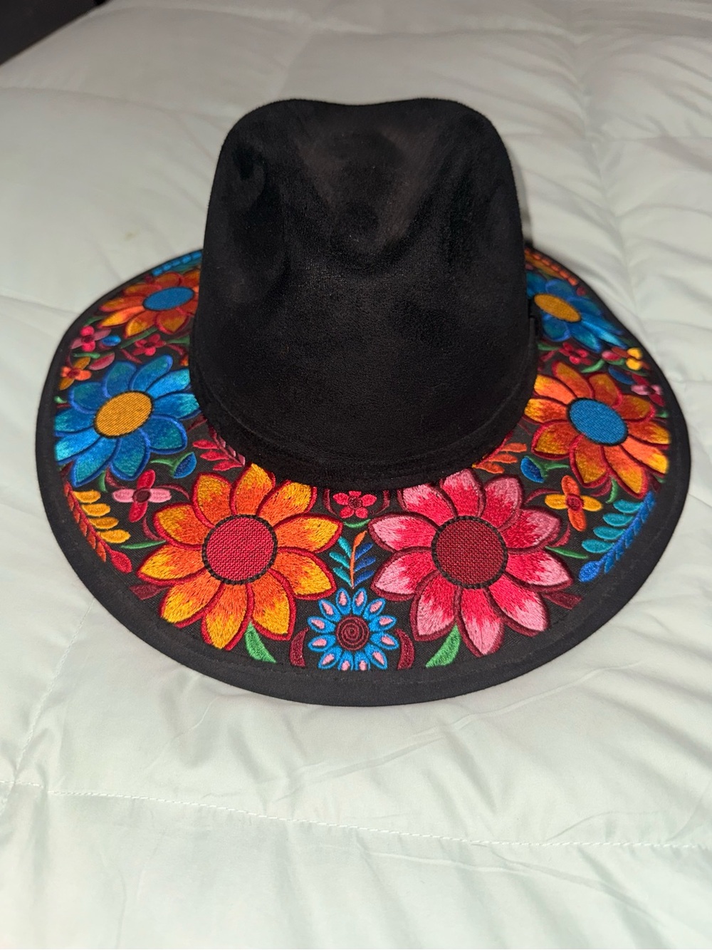Black Suede Embroidered Wide-Brim Hat with Colorful Floral Trim